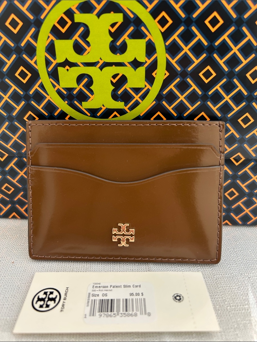 Tory Burch Emerson Patent Slim Card Case - Brown BNWT
